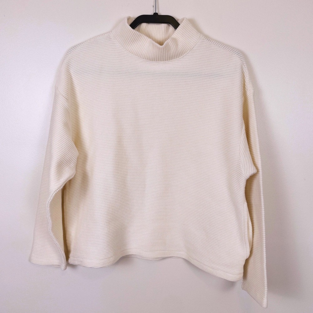 Madewell Mock Neck Sweater Womens Size M Cream Ribbed Knit Drop Shoulder Classic